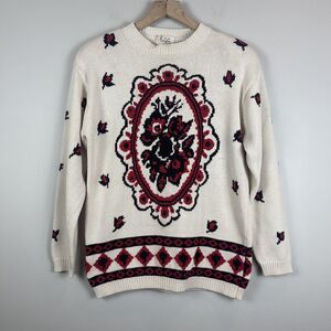 Vintage York Fair For Seiferts Womens Sweater Small White Floral Pattern Cottage